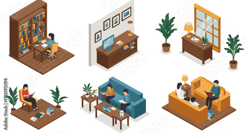 Cozy home interior scenes with people relaxing and reading in isometric style