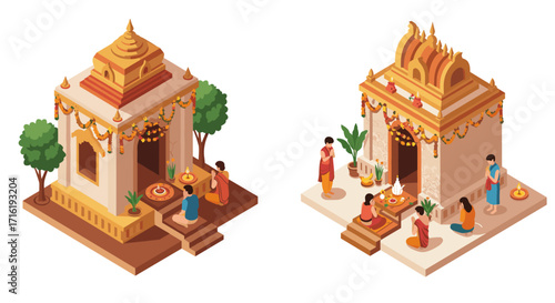 Isometric temples: traditional worship in vibrant cultural scenes