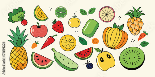 Vibrant assortment of fresh fruits and vegetables hand-drawn style colorful collection
