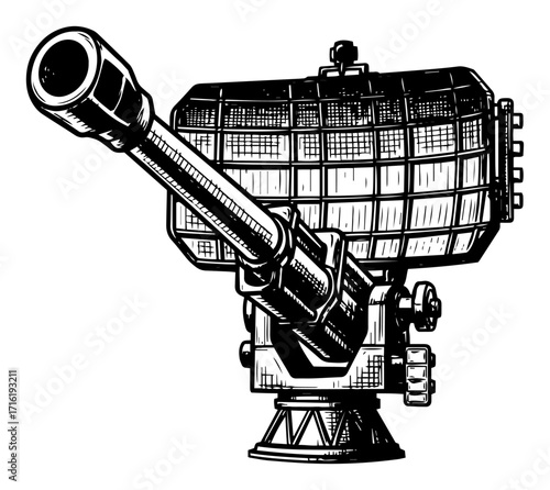 Naval Artillery Gun Turret Radar Mount Illustration black shape vector laser cutting engraving monochrome print