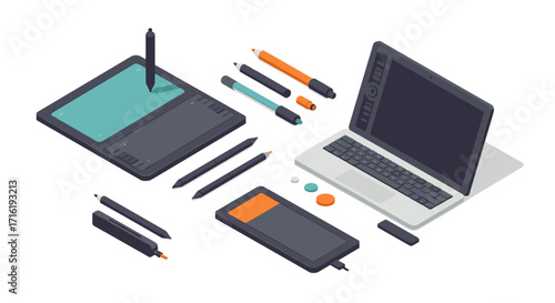Isometric digital art tools and gadgets with tablets and laptop