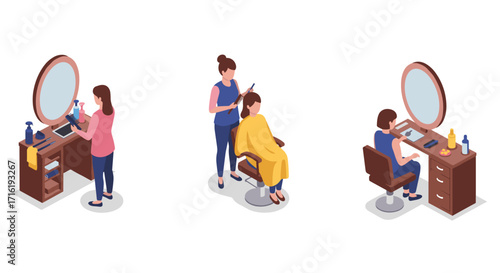Isometric hair salon scenes with women getting hairdressing services and styling