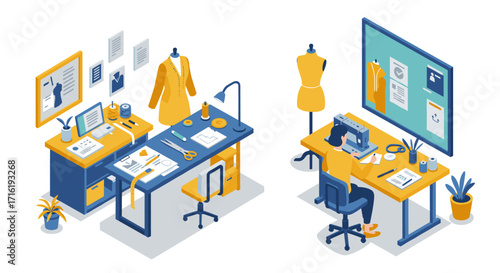 Fashion design workspace in isometric style with sewing equipment and patterns