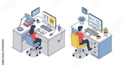 Isometric office desks with people working on computers in modern workspace