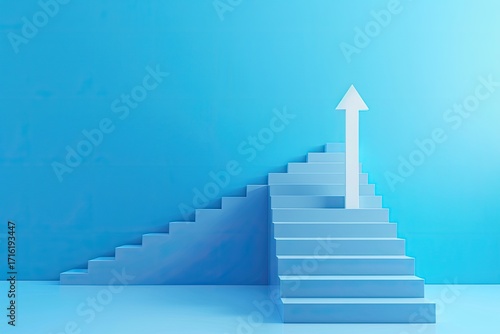 Light blue stairs ascend against a wall, culminating in a large white upward arrow symbolizing growth or progress