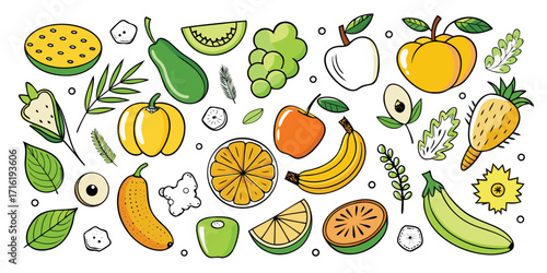 Assortment of fresh fruits and vegetables hand-drawn style vibrant colors