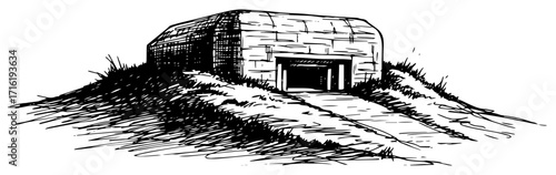 World War Two Military Bunker in a Sketch Style Black Shape Vector Laser Cutting Engraving Monochrome Print