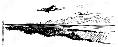 Two Military Jet Fighters Flying Over a Landscape Black Shape Vector Laser Cutting Engraving Monochrome Print