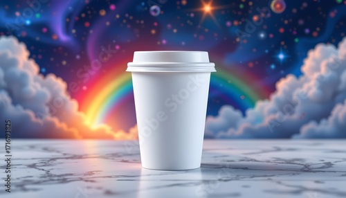 Celestial Brew: A blank, pristine paper cup stands alone against a backdrop of a mesmerizing celestial canvas, inviting the viewer to imagine a beverage and the journey it embodies.