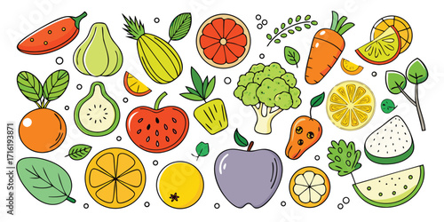 Vibrant assortment of fresh fruits and vegetables hand-drawn style artistic collection