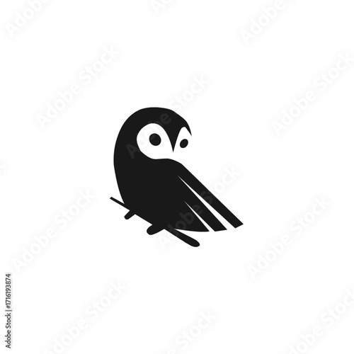 Minimalist black silhouette of an owl perched on a branch, symbolizing wisdom and mystery—ideal for nature logos, nocturnal themes, or elegant graphic designs.