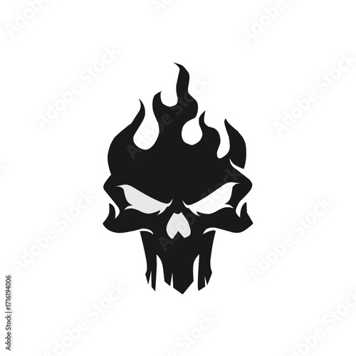Bold flaming skull silhouette with sharp edges and intense expression, ideal for tattoos, biker logos, dark art, or edgy graphic designs.