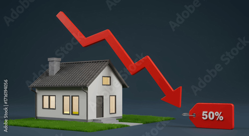 3D rendering of a house model with a large red arrow depicting a 50% price drop against a dark background.