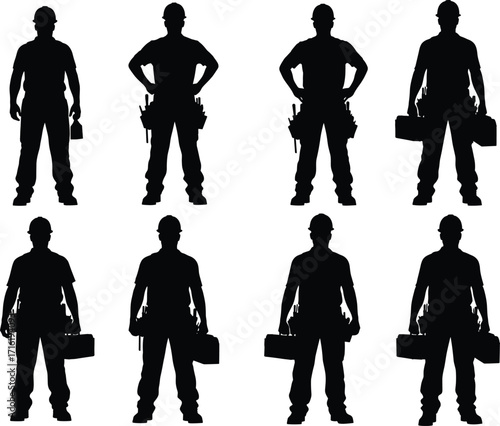 Silhouettes of construction workers with tools, hard hats, and gear in black vector style for labor, industry, and handyman themes