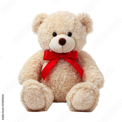 A fluffy, light brown teddy bear with a red ribbon tied in a bow around its neck, sitting and isolated on a transparent background, perfect for childrens themes and gifts
