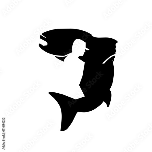 A creative silhouette blending a shark and a human figure, symbolizing strength, courage, and the deep connection between humans and the ocean.
