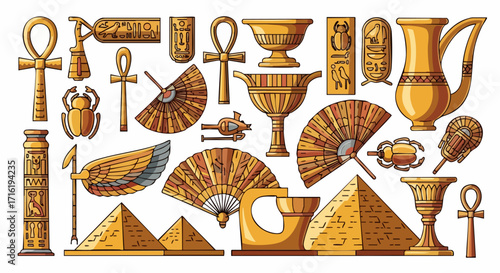 Ancient Egyptian symbols and artifacts in detailed illustration for history and design projects