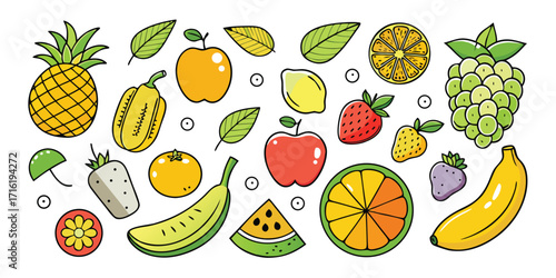 Vibrant assortment of fresh fruits and vegetables hand drawn sketch style artistic arrangement