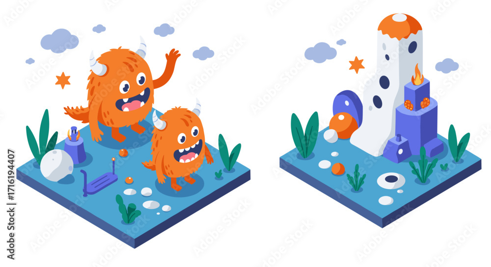 Obraz premium Playful monsters in isometric fantasy landscape with cute orange creatures