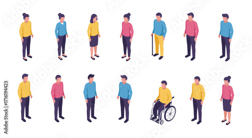 Diverse group of people in isometric style with various poses and actions on a white background
