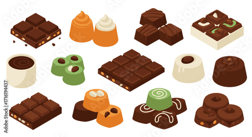Assorted chocolate sweets in isometric style: a delightful dessert collection