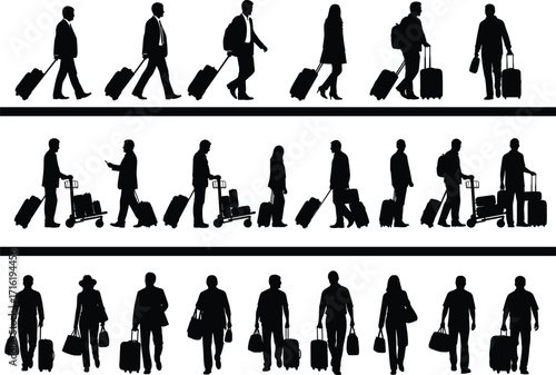 Silhouettes of Diverse Travelers with Luggage – Walking, Standing, Pushing Carts, Carrying Bags in Airport or Transit Travel Scene Vector