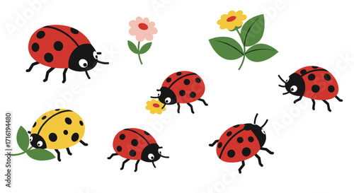 Cute cartoon ladybugs with flowers and leaves in playful design