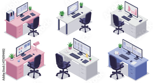 Modern isometric workspaces with desks and computers for office design