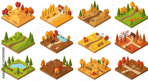Isometric autumn park scenes with trees, pathways, and landscapes in vibrant fall colors