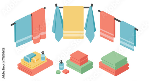 Colorful isometric bathroom towel set with soap dispensers and hygiene products