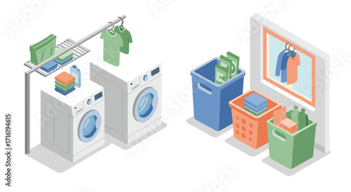 Modern laundry room interior with washing machines and organizers in isometric style