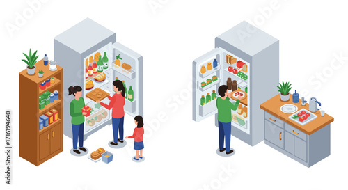 Isometric kitchen scene with family organizing groceries in refrigerator