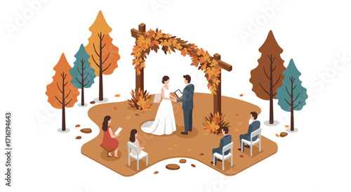 Autumn wedding ceremony in forest setting with guests and foliage
