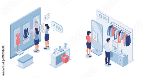 Virtual fitting room isometric design with customers interacting with fashion technology