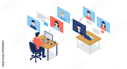 Remote team collaboration in isometric office setup