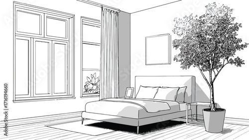 Modern Bedroom with Bed, Plant, and Window Vector Illustration