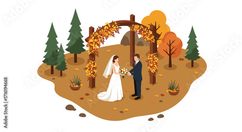 Autumn wedding ceremony with bride and groom in fall forest setting