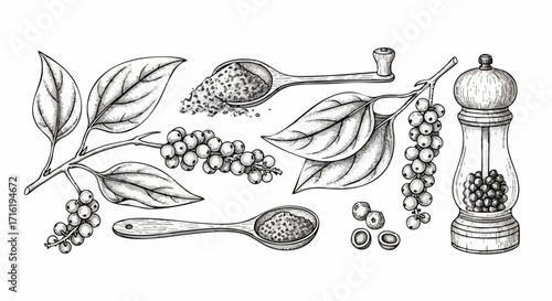 Vintage black pepper illustration showing peppercorns, leaves, and grinder for culinary inspiration