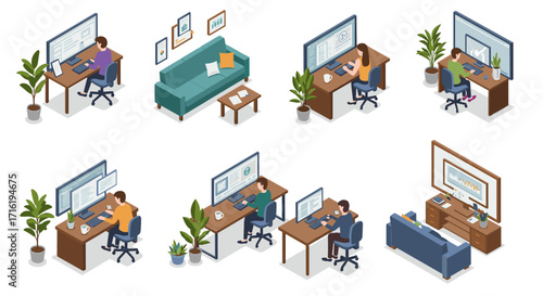 Isometric home office setup with people working at computers