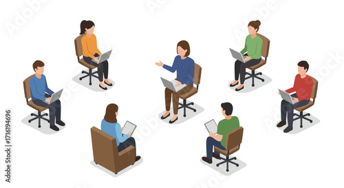 Group meeting with laptops and tablets in isometric style on white background