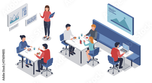 Office team colleagues working and dining in modern workspace isometric design