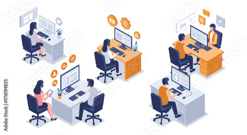 Collaborative office environment with people working at desks in isometric style