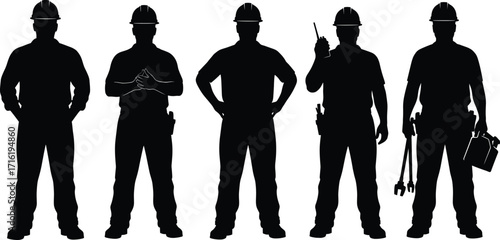 Silhouettes of construction workers with tools, hard hats, and gear in various poses for labor, repair, industry, and vector illustration