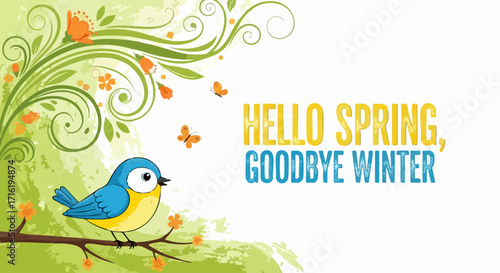 Vibrant hello spring goodbye winter scene with cheerful bird and blooming flowers welcomes renewal