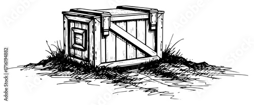 Hand Drawn Sketch of a Wooden Crate in the Grass