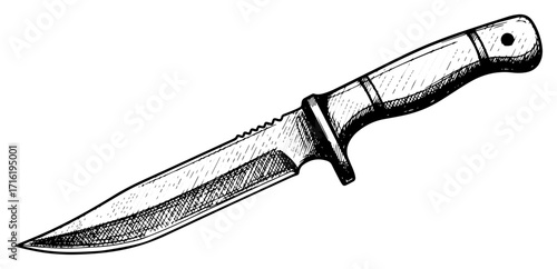 Hand Drawn Military Combat Knife in Engraving Style black shape vector laser cutting engraving monochrome print