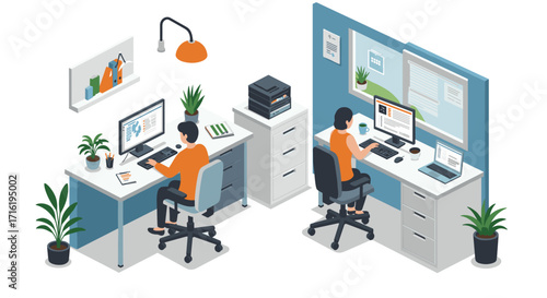 Modern isometric office workspace with two diverse professionals collaborating