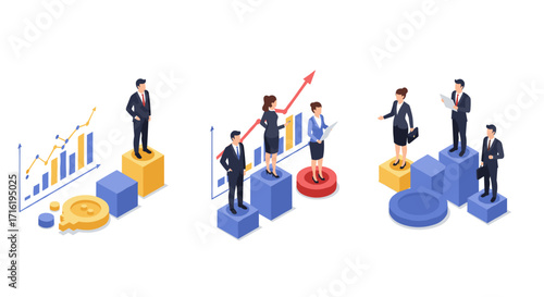 Business growth and leadership concept with figures on graph and gear symbols