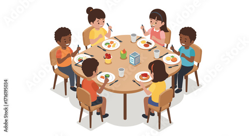 Diverse children enjoying healthy meals around a round table in isometric design