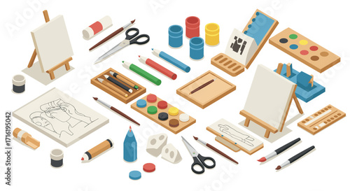 Creative art supplies collection with easels, paints, and tools in isometric style